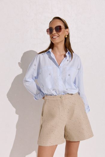 Sequined Tweed Shorts – Beige