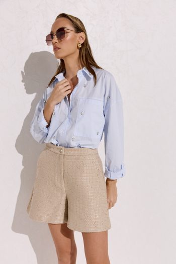 Sequined Tweed Shorts – Beige - Image 3