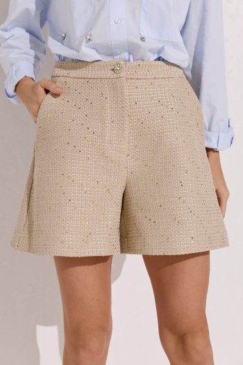 Sequined Tweed Shorts – Beige - Image 4