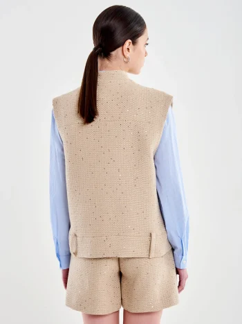 Sequined Tweed Vest – Beige - Image 3