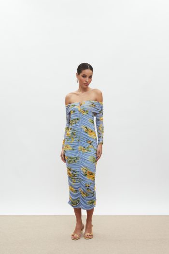Louise Off Shoulder Dress – Indigo/Yellow Floral - Image 2