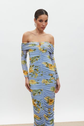 Louise Off Shoulder Dress – Indigo/Yellow Floral