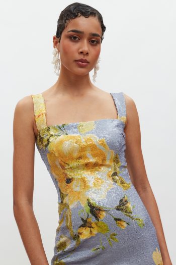 Kali Mini Sequin Dress – Indigo/Yellow Floral - Image 3