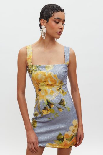 Kali Mini Sequin Dress – Indigo/Yellow Floral