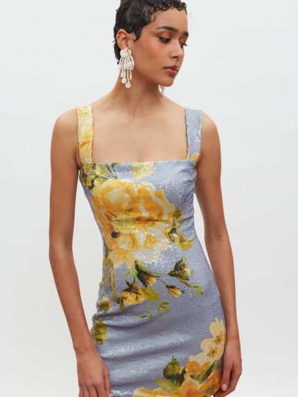 Kali Mini Sequin Dress – Indigo/Yellow Floral