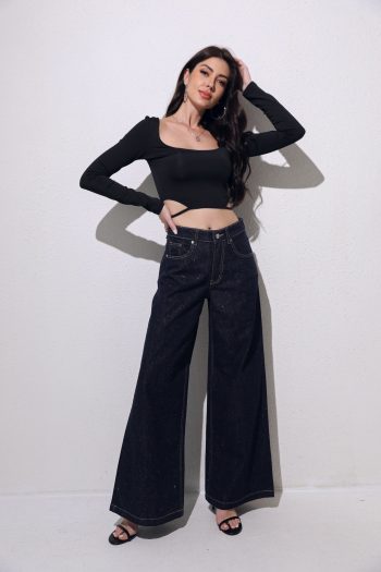 Celia Wide Leg Glitter Denim – Dark Blue