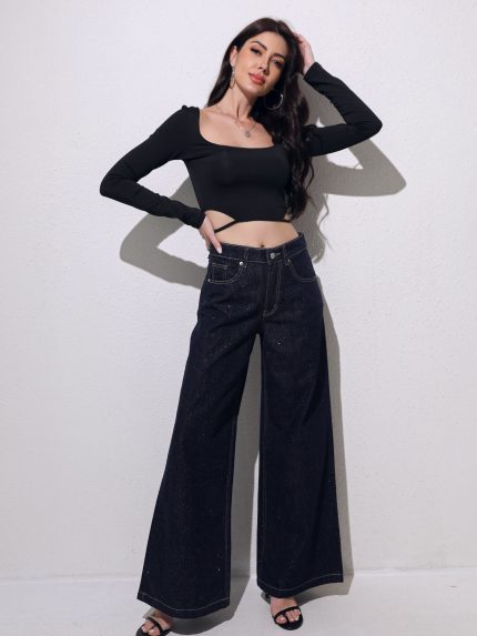 Celia Wide Leg Glitter Denim – Dark Blue