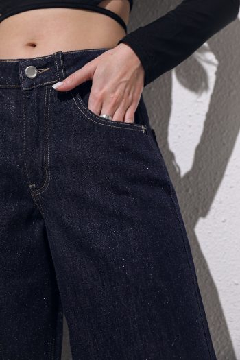 Celia Wide Leg Glitter Denim – Dark Blue - Image 3