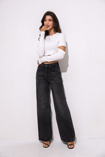 Flora Wide Leg Strass Denim – Black