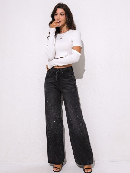Flora Wide Leg Strass Denim – Black