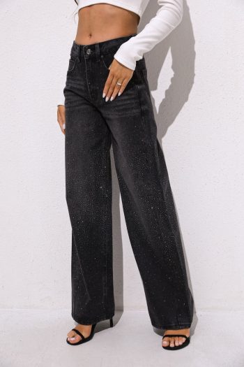 Flora Wide Leg Strass Denim – Black - Image 3