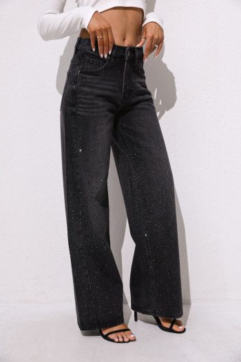 Flora Wide Leg Strass Denim – Black - Image 2