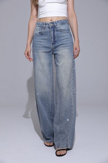 Mina Wide Leg Strass Denim – Light Blue