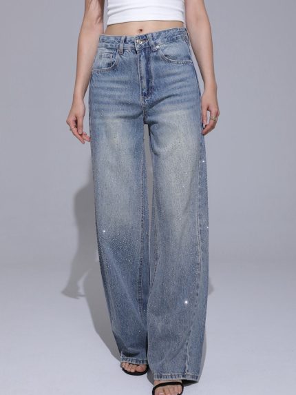 Mina Wide Leg Strass Denim – Light Blue