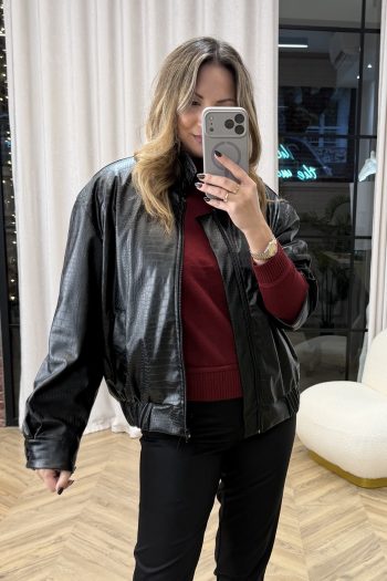 Croco Leather Bomber – Black