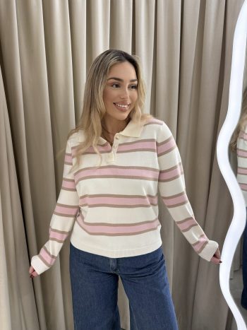 Lotty Polo Knit – Pink/Beige