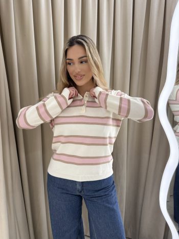 Lotty Polo Knit – Pink/Beige - Image 3
