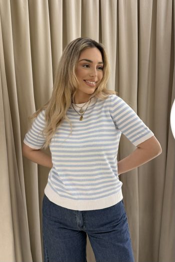 Meghan Knit Top – Baby Blue/White