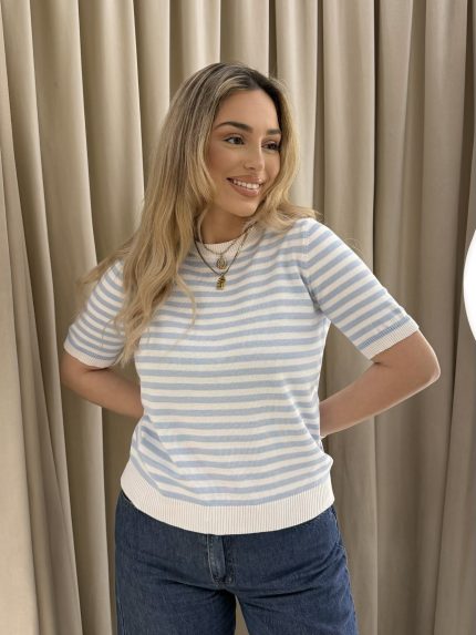 Meghan Knit Top – Baby Blue/White