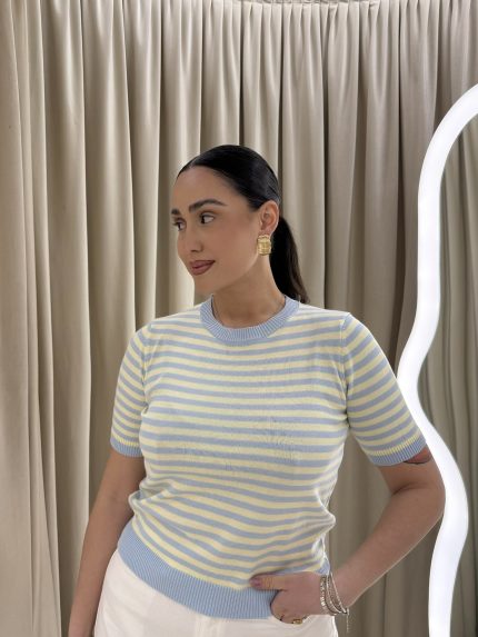 Meghan Knit Top – Baby Blue/Yellow