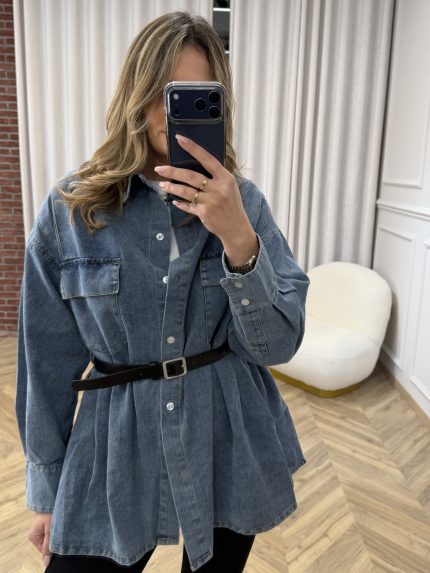Belted Denim Jacket – Mid Blue