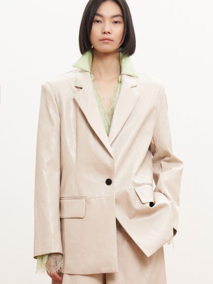 Macy Leather Blazer – Beige