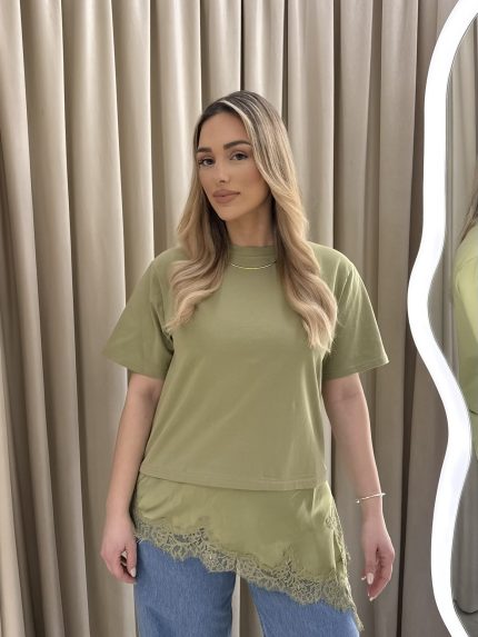 Satin Lace T-shirt – Olive