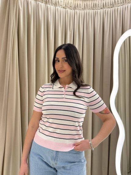 Evelyn Knit Striped Polo – Pink