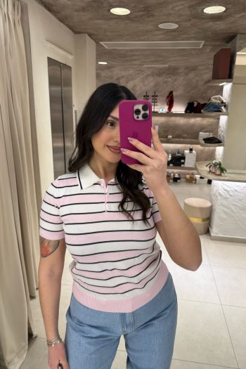 Evelyn Knit Striped Polo – Pink - Image 2