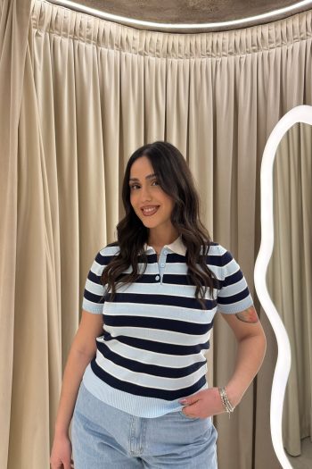 Evelyn Knit Striped Polo – Baby Blue