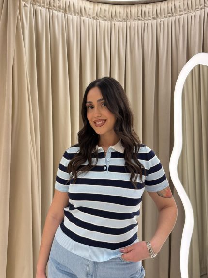 Evelyn Knit Striped Polo – Baby Blue