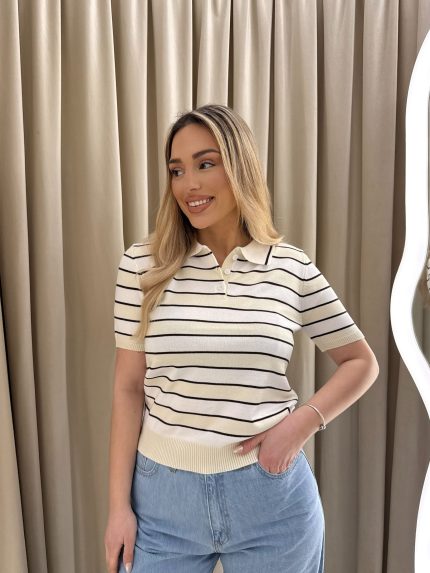 Evelyn Knit Striped Polo – Cream