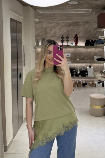 Satin Lace T-shirt – Olive - Image 2