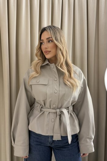 Vera Leather Belted Jacket – Grey - Image 3