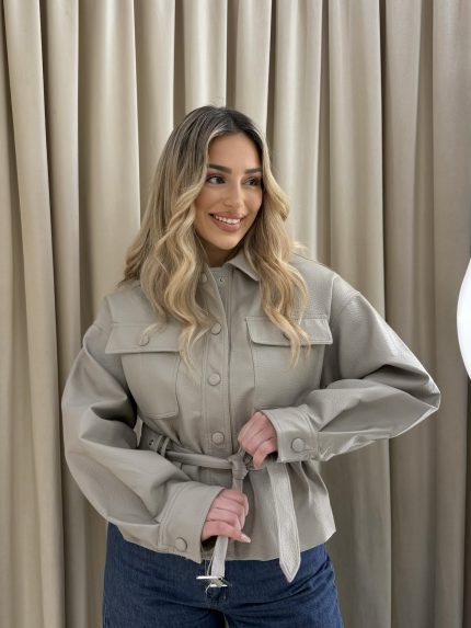 Vera Leather Belted Jacket – Grey