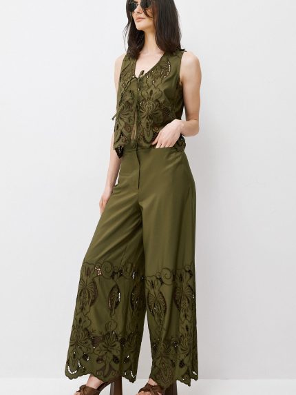 Claire Embroidered Pants – Khaki