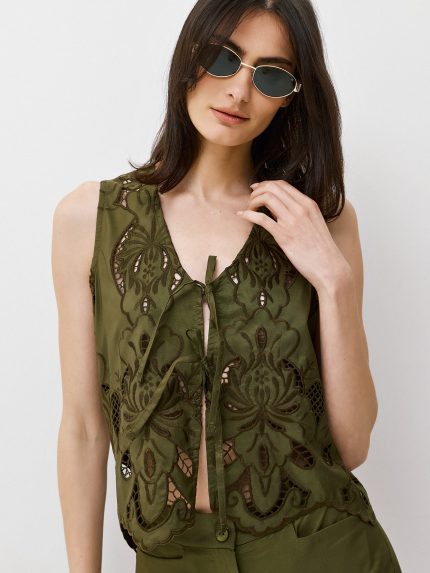 Claire Embroidered Vest – Khaki