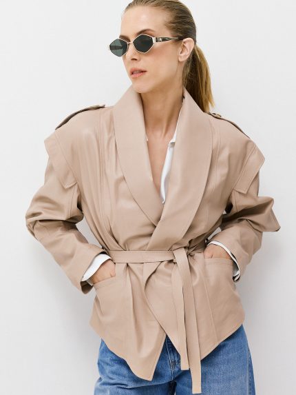 Leather Belted Jacket – Beige