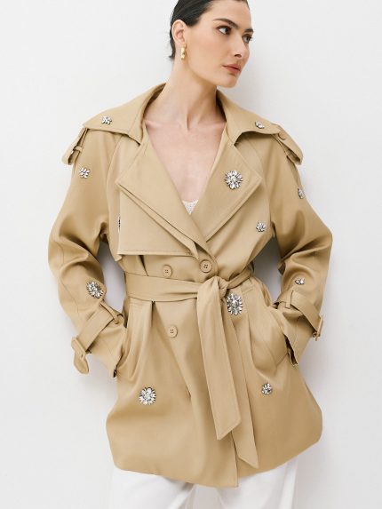 Jeweled Trench Coat – Beige